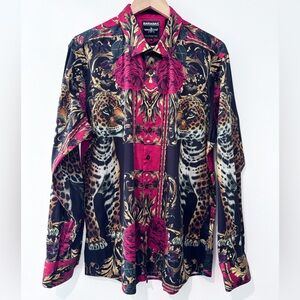 Barabas Black Red Leopard Wild Cat Rose Print Luxury Button Up Dress Shirt XXL